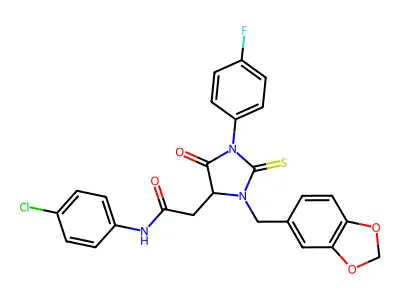 2-[3-(1,3-benzodioxol-5-ylmethyl)-1-(4-fluorophenyl)-5-oxo-2-thioxoimidazolidin-4-yl]-N-(4-chlorophenyl)acetamide structure