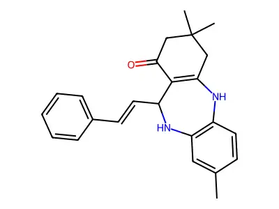 3,3,8-trimethyl-11-[(E)-2-phenylethenyl]-2,3,4,5,10,11-hexahydro-1H-dibenzo[b,e][1,4]diazepin-1-one structure