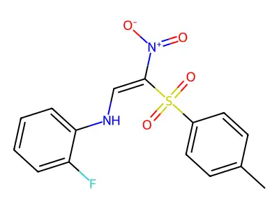 2-fluoro-N-[2-nitro-2-(p-tolylsulfonyl)vinyl]aniline structure
