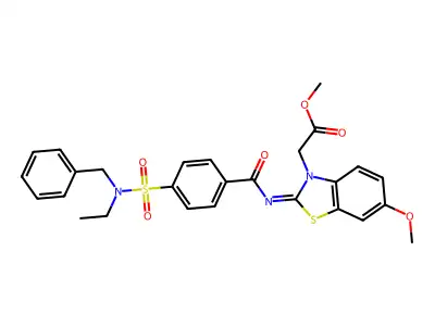 (Z)-methyl 2-(2-((4-(N-benzyl-N-ethylsulfamoyl)benzoyl)imino)-6-methoxybenzo[d]thiazol-3(2H)-yl)acetate structure