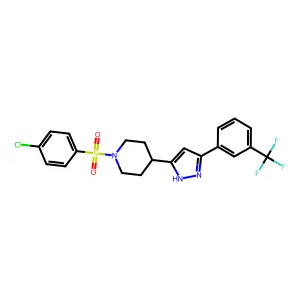 1-(4-chlorobenzenesulfonyl)-4-{5-[3-(trifluoromethyl)phenyl]-1H-pyrazol-3-yl}piperidine structure