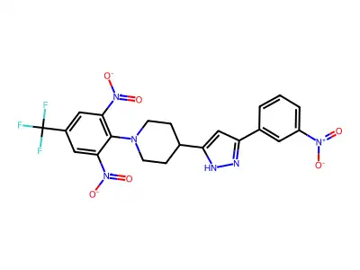 1-[2,6-dinitro-4-(trifluoromethyl)phenyl]-4-[5-(3-nitrophenyl)-1H-pyrazol-3-yl]piperidine structure