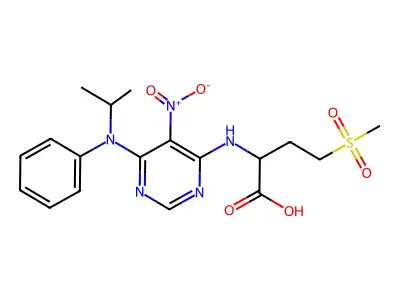 2-{[6-(isopropylanilino)-5-nitro-4-pyrimidinyl]amino}-4-(methylsulfonyl)butanoic acid structure