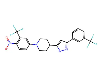 1-[4-nitro-3-(trifluoromethyl)phenyl]-4-{5-[3-(trifluoromethyl)phenyl]-1H-pyrazol-3-yl}piperidine structure