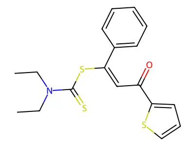 3-Oxo-1-phenyl-3-(thiophen-2-yl)prop-1-en-1-yl diethylcarbamodithioate structure