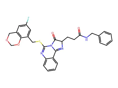 N-benzyl-3-(5-{[(6-fluoro-2,4-dihydro-1,3-benzodioxin-8-yl)methyl]sulfanyl}-3-oxo-2H,3H-imidazo[1,2-c]quinazolin-2-yl)propanamide structure