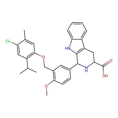1-(3-((4-chloro-2-isopropyl-5-methylphenoxy)methyl)-4-methoxyphenyl)-2,3,4,9-tetrahydro-1H-pyrido[3,4-b]indole-3-carboxylic acid structure