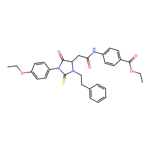 ethyl 4-({[1-(4-ethoxyphenyl)-5-oxo-3-(2-phenylethyl)-2-thioxoimidazolidin-4-yl]acetyl}amino)benzoate structure