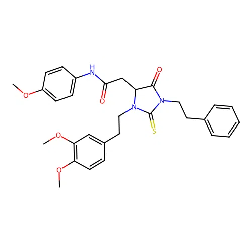 2-{3-[2-(3,4-dimethoxyphenyl)ethyl]-5-oxo-1-(2-phenylethyl)-2-thioxoimidazolidin-4-yl}-N-(4-methoxyphenyl)acetamide structure
