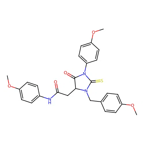 2-[3-(4-methoxybenzyl)-1-(4-methoxyphenyl)-5-oxo-2-thioxoimidazolidin-4-yl]-N-(4-methoxyphenyl)acetamide structure