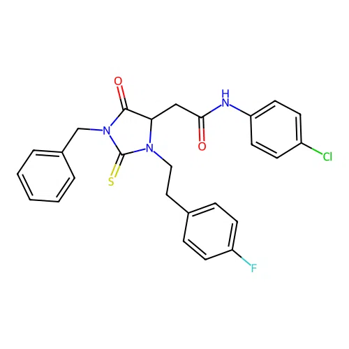 2-{1-benzyl-3-[2-(4-fluorophenyl)ethyl]-5-oxo-2-thioxoimidazolidin-4-yl}-N-(4-chlorophenyl)acetamide structure