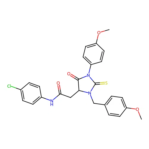 N-(4-chlorophenyl)-2-[1-(4-methoxyphenyl)-3-[(4-methoxyphenyl)methyl]-5-oxo-2-sulfanylideneimidazolidin-4-yl]acetamide structure