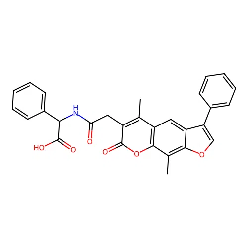 2-(2-(5,9-dimethyl-7-oxo-3-phenyl-7H-furo[3,2-g]chromen-6-yl)acetamido)-2-phenylacetic acid structure