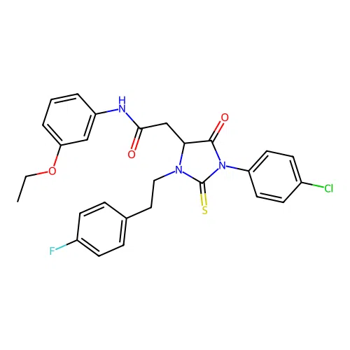 2-[1-(4-chlorophenyl)-3-[2-(4-fluorophenyl)ethyl]-5-oxo-2-sulfanylideneimidazolidin-4-yl]-N-(3-ethoxyphenyl)acetamide structure