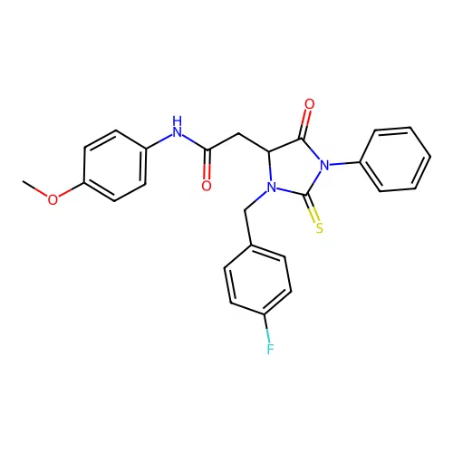 2-[3-(4-fluorobenzyl)-5-oxo-1-phenyl-2-thioxoimidazolidin-4-yl]-N-(4-methoxyphenyl)acetamide structure