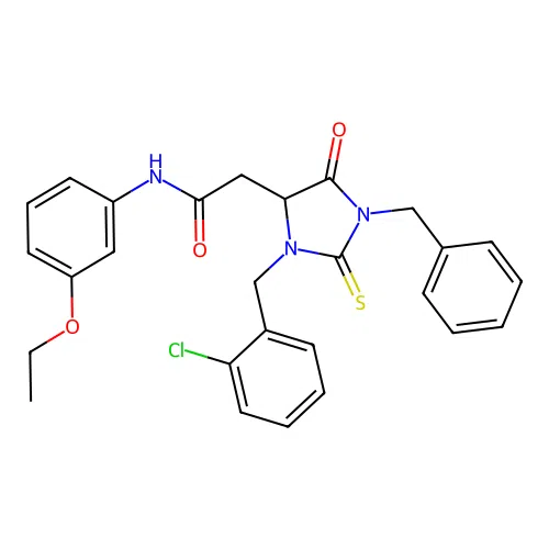 2-[1-benzyl-3-(2-chlorobenzyl)-5-oxo-2-thioxoimidazolidin-4-yl]-N-(3-ethoxyphenyl)acetamide structure