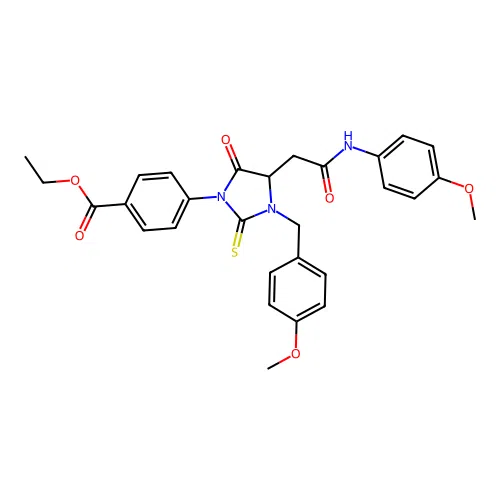 ethyl 4-[3-(4-methoxybenzyl)-4-{2-[(4-methoxyphenyl)amino]-2-oxoethyl}-5-oxo-2-thioxoimidazolidin-1-yl]benzoate structure