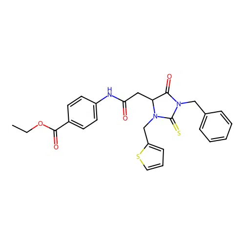ethyl 4-({[1-benzyl-5-oxo-3-(thiophen-2-ylmethyl)-2-thioxoimidazolidin-4-yl]acetyl}amino)benzoate structure