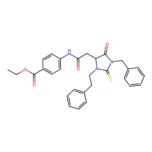 ethyl 4-(2-(1-benzyl-5-oxo-3-phenethyl-2-thioxoimidazolidin-4-yl)acetamido)benzoate structure