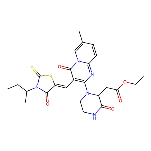 ethyl 2-[1-[3-[(Z)-(3-butan-2-yl-4-oxo-2-sulfanylidene-1,3-thiazolidin-5-ylidene)methyl]-7-methyl-4-oxopyrido[1,2-a]pyrimidin-2-yl]-3-oxopiperazin-2-yl]acetate structure