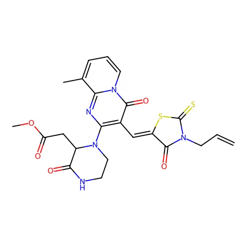 (Z)-methyl 2-(1-(3-((3-allyl-4-oxo-2-thioxothiazolidin-5-ylidene)methyl)-9-methyl-4-oxo-4H-pyrido[1,2-a]pyrimidin-2-yl)-3-oxopiperazin-2-yl)acetate structure