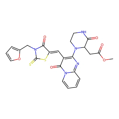 (Z)-methyl 2-(1-(3-((3-(furan-2-ylmethyl)-4-oxo-2-thioxothiazolidin-5-ylidene)methyl)-4-oxo-4H-pyrido[1,2-a]pyrimidin-2-yl)-3-oxopiperazin-2-yl)acetate structure