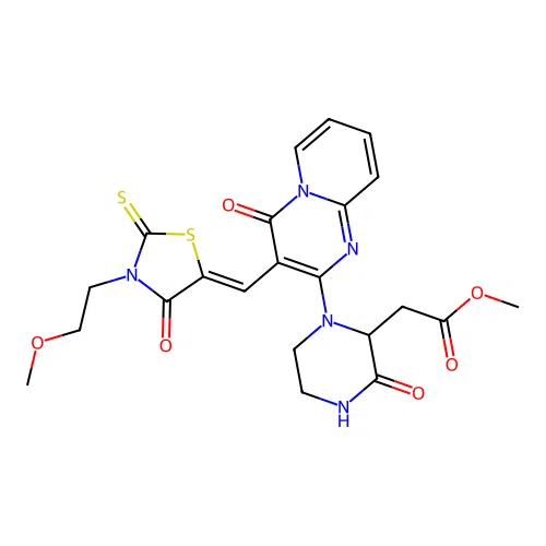 (Z)-methyl 2-(1-(3-((3-(2-methoxyethyl)-4-oxo-2-thioxothiazolidin-5-ylidene)methyl)-4-oxo-4H-pyrido[1,2-a]pyrimidin-2-yl)-3-oxopiperazin-2-yl)acetate structure