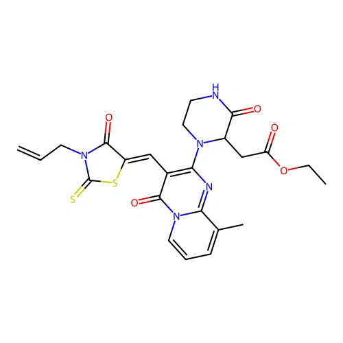 (Z)-ethyl 2-(1-(3-((3-allyl-4-oxo-2-thioxothiazolidin-5-ylidene)methyl)-9-methyl-4-oxo-4H-pyrido[1,2-a]pyrimidin-2-yl)-3-oxopiperazin-2-yl)acetate structure