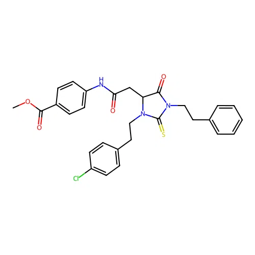 methyl 4-[({3-[2-(4-chlorophenyl)ethyl]-5-oxo-1-(2-phenylethyl)-2-thioxoimidazolidin-4-yl}acetyl)amino]benzoate structure
