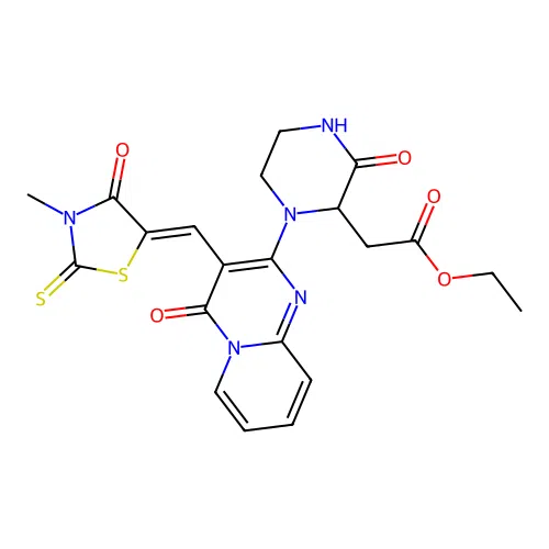 (Z)-ethyl 2-(1-(3-((3-methyl-4-oxo-2-thioxothiazolidin-5-ylidene)methyl)-4-oxo-4H-pyrido[1,2-a]pyrimidin-2-yl)-3-oxopiperazin-2-yl)acetate structure