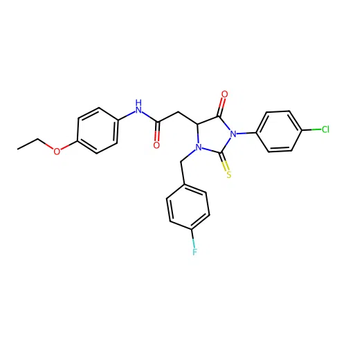 2-[1-(4-chlorophenyl)-3-(4-fluorobenzyl)-5-oxo-2-thioxoimidazolidin-4-yl]-N-(4-ethoxyphenyl)acetamide structure