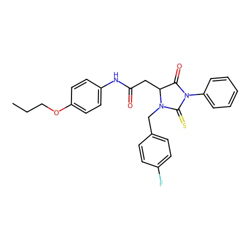 2-(3-(4-fluorobenzyl)-5-oxo-1-phenyl-2-thioxoimidazolidin-4-yl)-N-(4-propoxyphenyl)acetamide structure