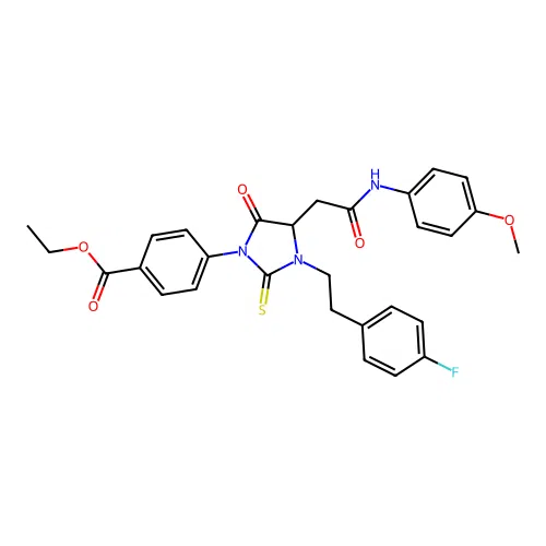 ethyl 4-(3-[2-(4-fluorophenyl)ethyl]-4-{2-[(4-methoxyphenyl)amino]-2-oxoethyl}-5-oxo-2-thioxoimidazolidin-1-yl)benzoate structure