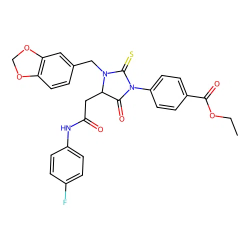 ethyl 4-[3-(1,3-benzodioxol-5-ylmethyl)-4-{2-[(4-fluorophenyl)amino]-2-oxoethyl}-5-oxo-2-thioxoimidazolidin-1-yl]benzoate structure