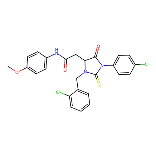 2-[3-(2-chlorobenzyl)-1-(4-chlorophenyl)-5-oxo-2-thioxoimidazolidin-4-yl]-N-(4-methoxyphenyl)acetamide structure