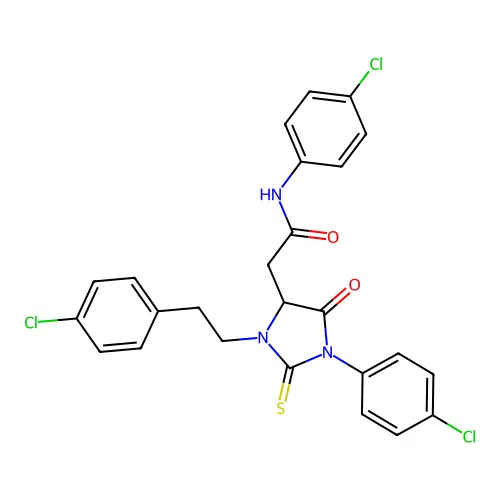 N-(4-chlorophenyl)-2-[1-(4-chlorophenyl)-3-[2-(4-chlorophenyl)ethyl]-5-oxo-2-sulfanylideneimidazolidin-4-yl]acetamide structure