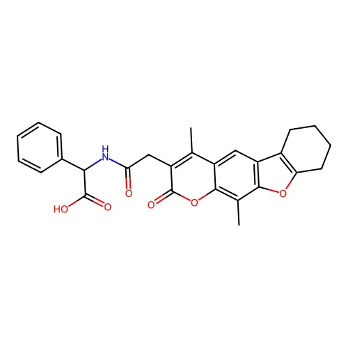 2-(2-(4,11-dimethyl-2-oxo-6,7,8,9-tetrahydro-2H-benzofuro[3,2-g]chromen-3-yl)acetamido)-2-phenylacetic acid structure