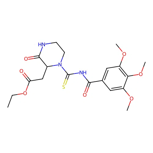 ethyl (3-oxo-1-{[(3,4,5-trimethoxybenzoyl)amino]carbonothioyl}-2-piperazinyl)acetate structure