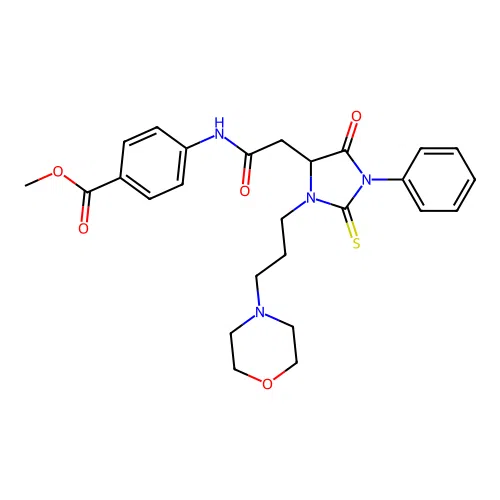 methyl 4-[({3-[3-(morpholin-4-yl)propyl]-5-oxo-1-phenyl-2-thioxoimidazolidin-4-yl}acetyl)amino]benzoate structure