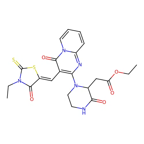 (Z)-ethyl 2-(1-(3-((3-ethyl-4-oxo-2-thioxothiazolidin-5-ylidene)methyl)-4-oxo-4H-pyrido[1,2-a]pyrimidin-2-yl)-3-oxopiperazin-2-yl)acetate structure