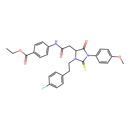 ethyl 4-[({3-[2-(4-fluorophenyl)ethyl]-1-(4-methoxyphenyl)-5-oxo-2-thioxoimidazolidin-4-yl}acetyl)amino]benzoate structure