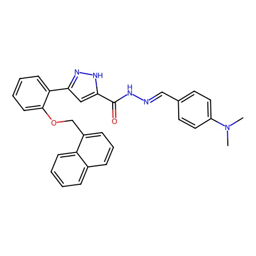 (E)-N'-(4-(dimethylamino)benzylidene)-3-(2-(naphthalen-1-ylmethoxy)phenyl)-1H-pyrazole-5-carbohydrazide structure