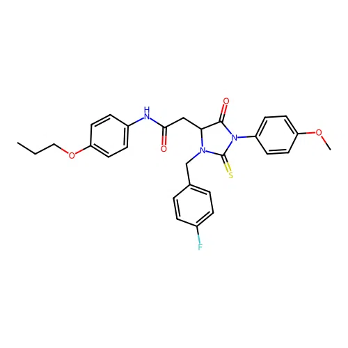 2-[3-(4-fluorobenzyl)-1-(4-methoxyphenyl)-5-oxo-2-thioxoimidazolidin-4-yl]-N-(4-propoxyphenyl)acetamide structure