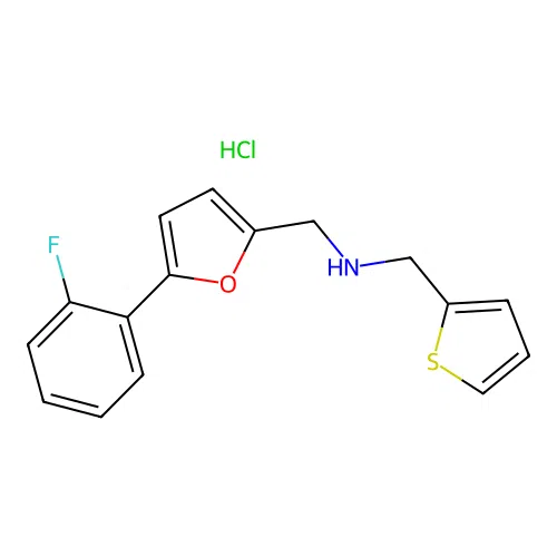 1-(5-(2-fluorophenyl)furan-2-yl)-N-(thiophen-2-ylmethyl)methanamine hydrochloride structure