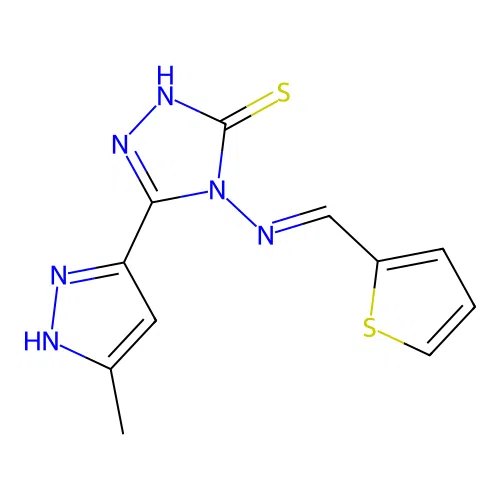 3-(5-methyl-1H-pyrazol-3-yl)-4-(2-thenylideneamino)-1H-1,2,4-triazole-5-thione structure