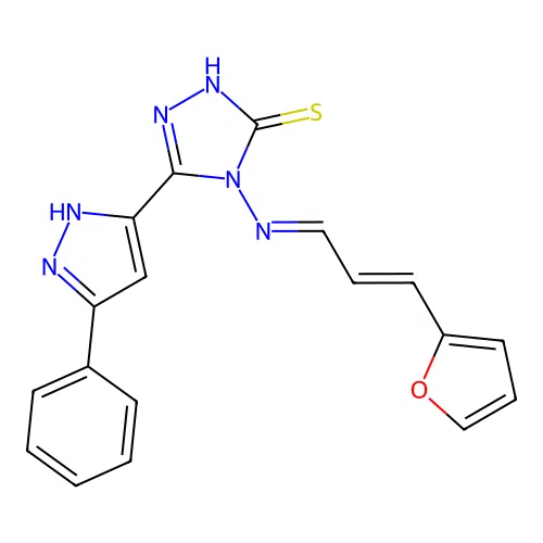 4-((1E,3E)-4-(2-furyl)-1-azabuta-1,3-dienyl)-5-(3-phenylpyrazol-5-yl)-1,2,4-tr iazole-3-thiol structure