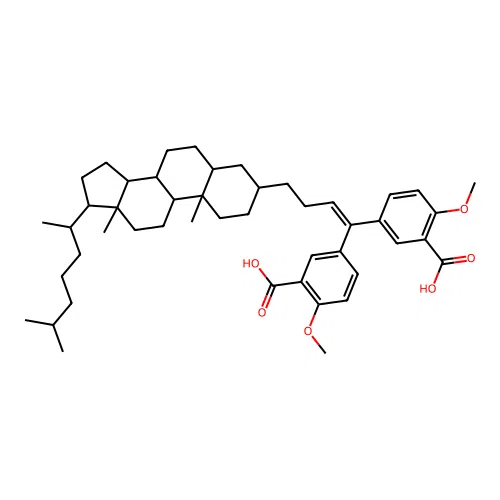 5-[1-(3-carboxy-4-methoxy-phenyl)-4-[17-(1,5-dimethylhexyl)-10,13-dimethyl-2,3,4,5,6,7,8,9,11,12,14,15,16,17-tetradecahydro-1H-cyclopenta[a]phenanthren-3-yl]but-1-enyl]-2-methoxy-benzoic acid structure