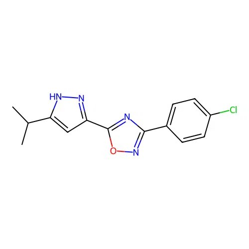 3-(4-chlorophenyl)-5-(3-isopropyl-1H-pyrazol-5-yl)-1,2,4-oxadiazole structure