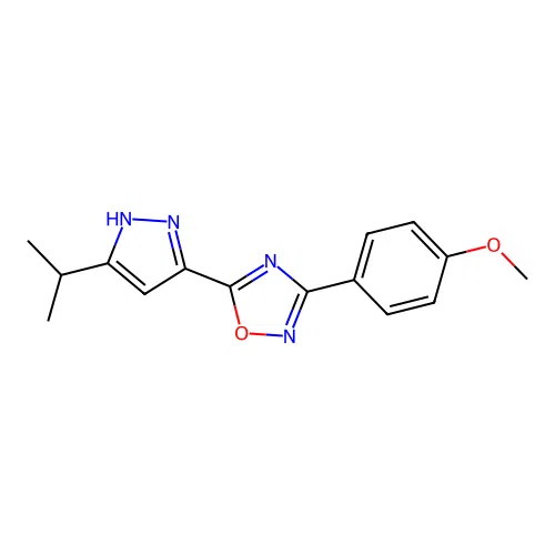 3-(4-methoxyphenyl)-5-[5-(propan-2-yl)-1H-pyrazol-3-yl]-1,2,4-oxadiazole structure
