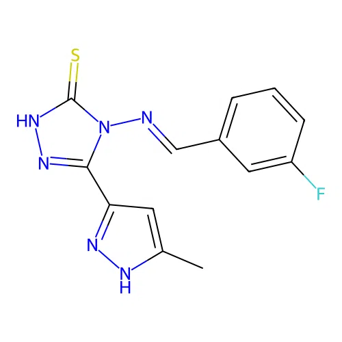 4-{[(E)-(3-fluorophenyl)methylidene]amino}-5-(5-methyl-1H-pyrazol-3-yl)-4H-1,2,4-triazole-3-thiol structure